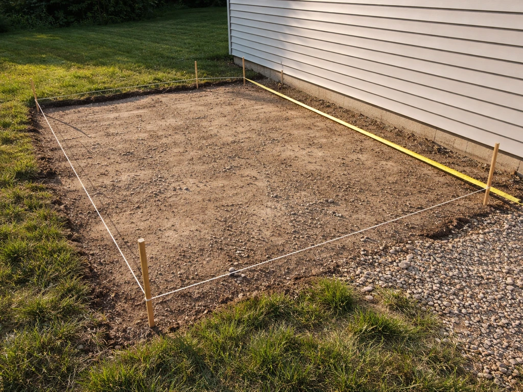 Backyard patio layout with stakes and measuring tape forming a rectangle along a house wall.