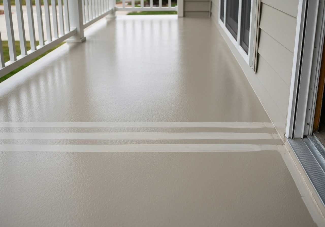 Freshly painted porch/patio floor with a subtle low-luster epoxy-like finish in daylight