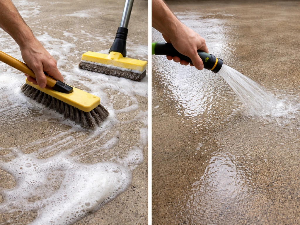 Hands scrubbing and rinsing a porch concrete floor with detergent, leaving it clean and ready to coat.