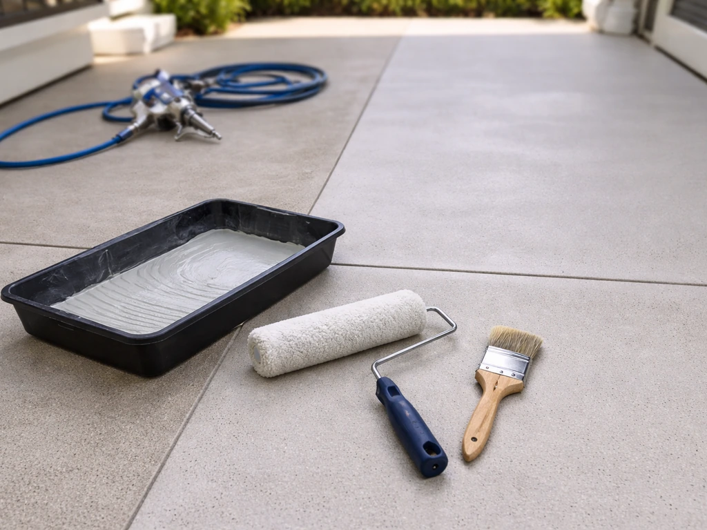 Porch floor paint setup with roller (3/8-inch nap), brush, and airless spray equipment ready for coats.