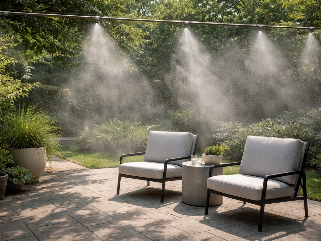 Backyard patio with an overhead misting system releasing visible cooling mist over simple outdoor seating.