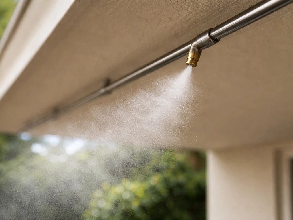 Close-up of a patio misting nozzle releasing fine cooling fog with tiny droplets in the air.