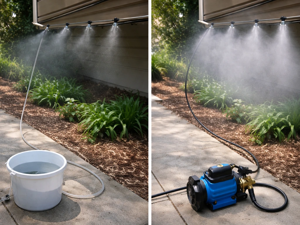 Split view of gravity-fed hose misting vs pump-fed tubing misting, both with small garden nozzles.