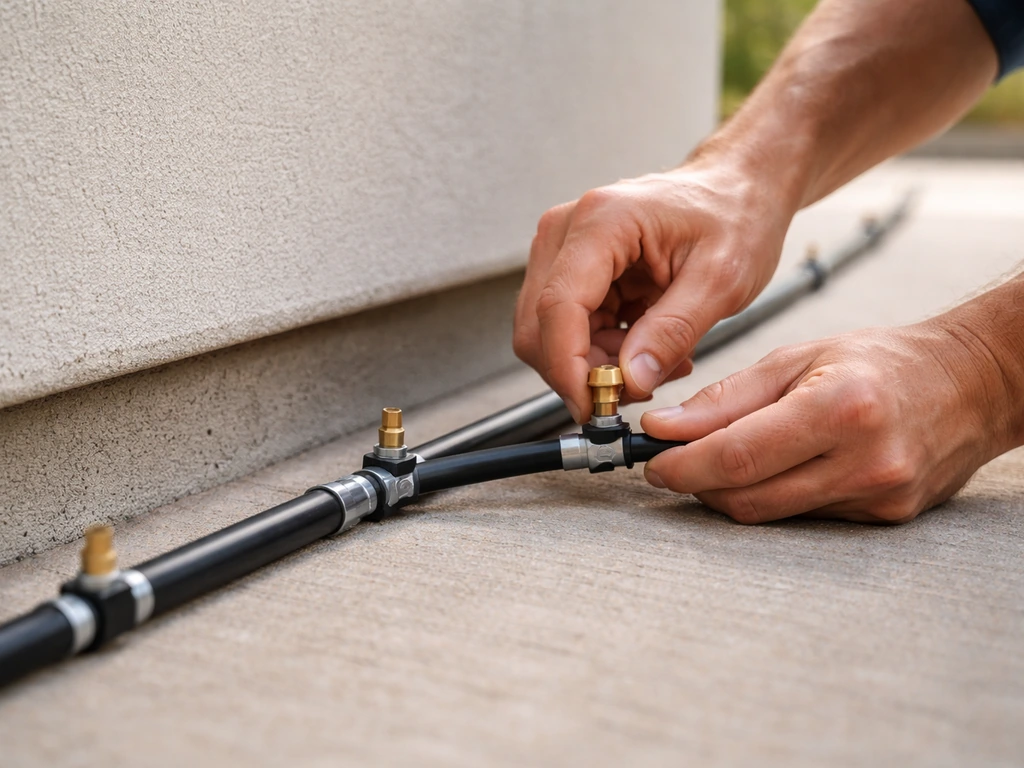 Hand secures mist tubing and nozzle fittings along a patio edge with evenly spaced nozzles.