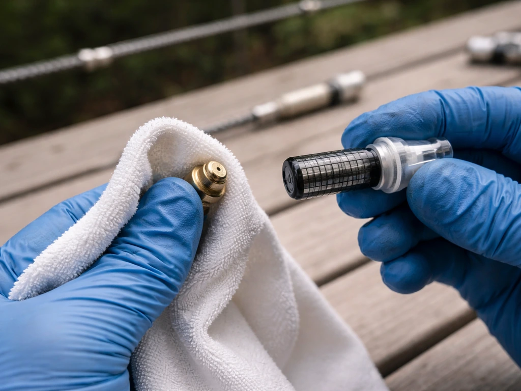 Close-up of an inline misting nozzle and filter being cleaned, showing mineral buildup residue.