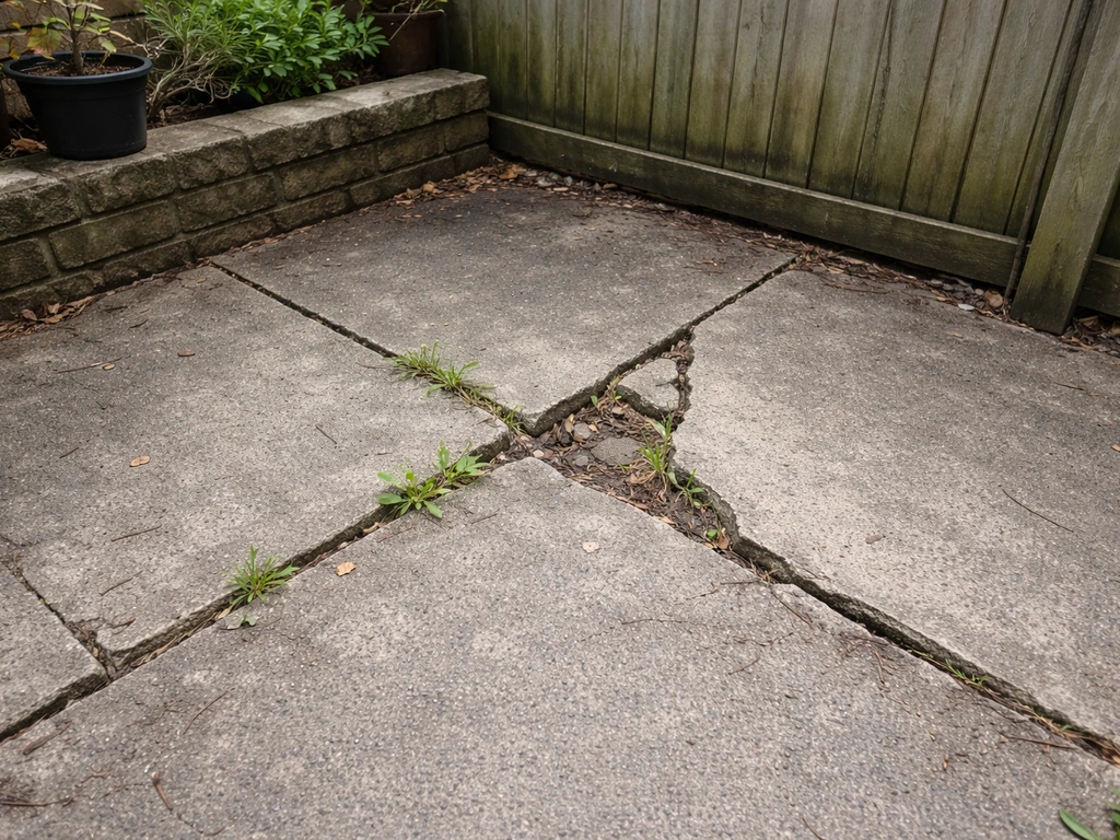 Cracked, uneven patio slabs with weeds growing through gaps in a quiet backyard.