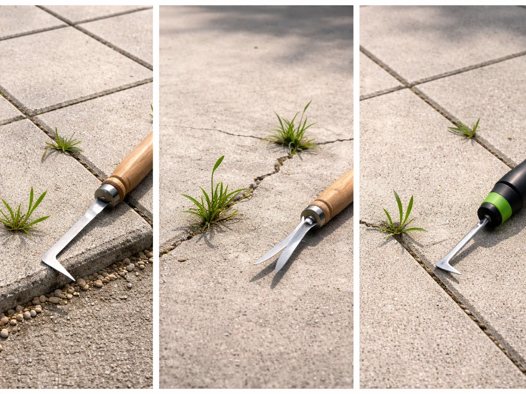 Split-screen comparison of three patio areas with sand-joint weeds and corresponding weeding tools staged nearby.