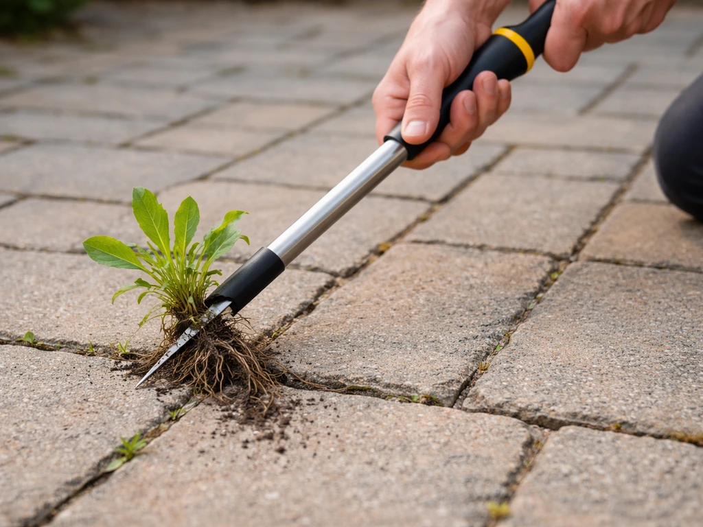 Hands pulling a stubborn weed from patio cracks with a long stainless weeder, roots visible.
