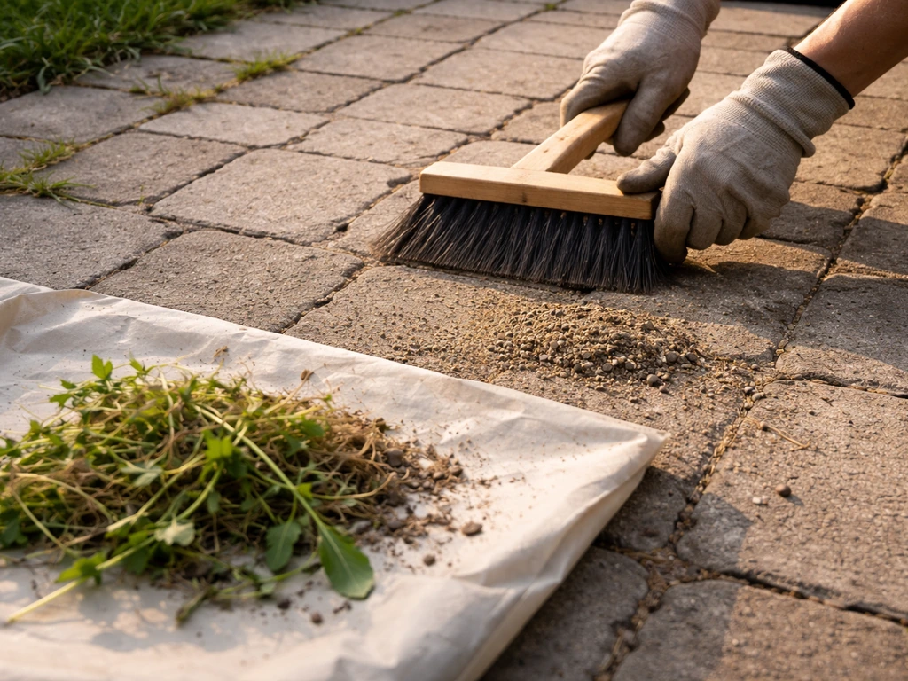 Gloved hands dry-sweeping patio pavers, with pulled weeds collected on a tarp/bin nearby to prevent seed spread.