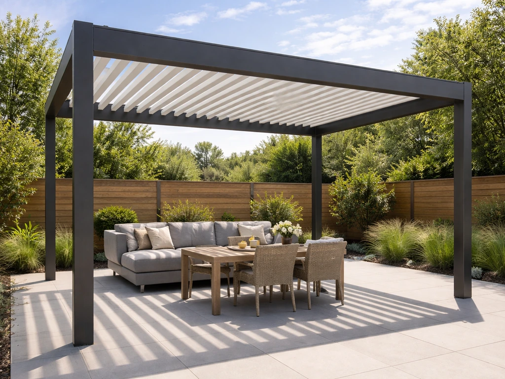 Motorized louvered patio pergola with adjustable shade over a backyard living area.