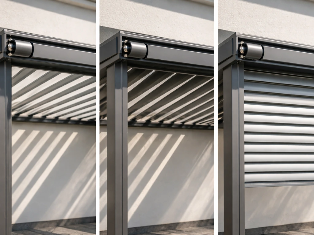 Motorized louvered shade roof shown in open, partial, and fully closed positions