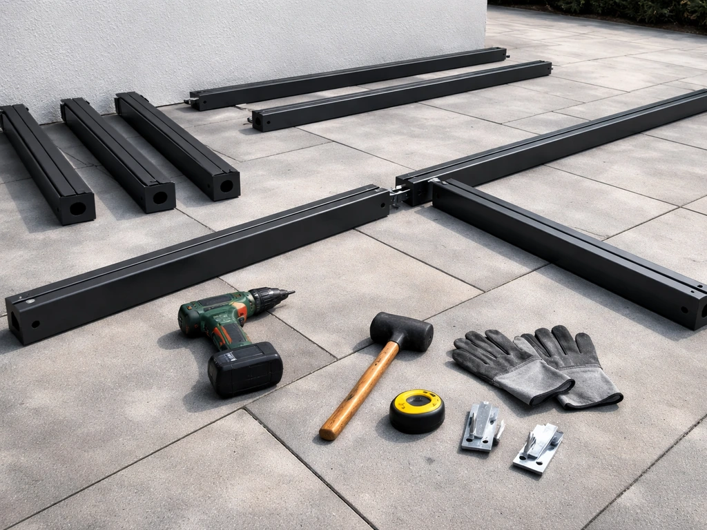Snap-lock patio frame rails partially connected on a patio with drill and alignment tools nearby.