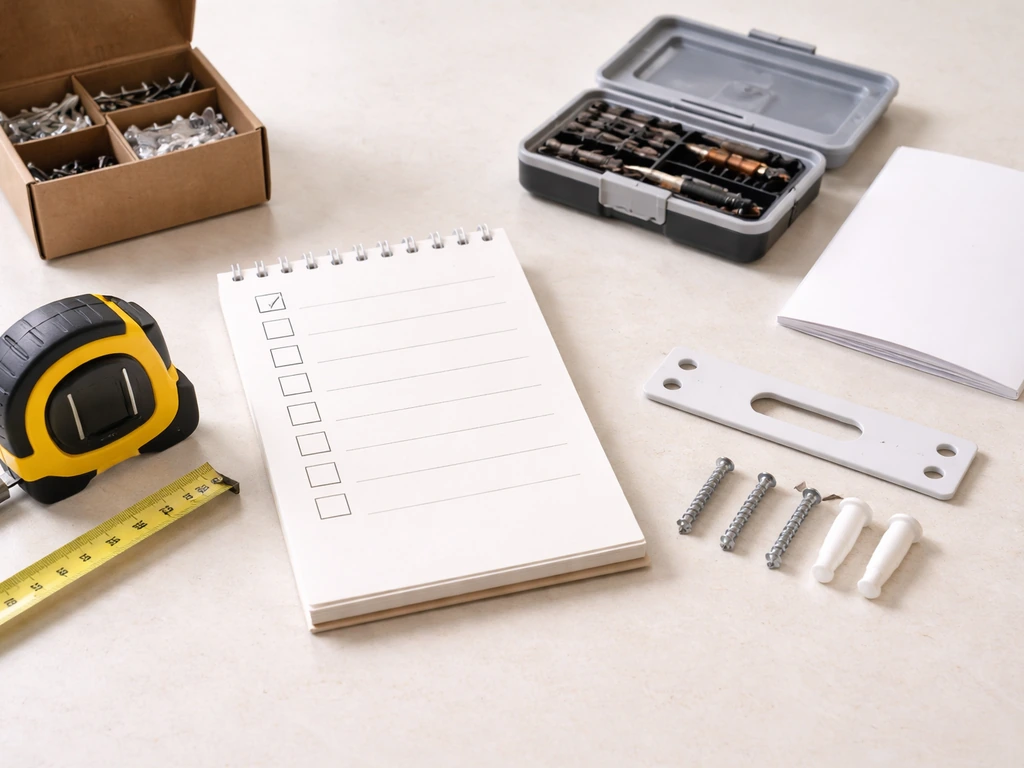 Minimal table scene with an unlabeled checklist, tape measure, wall-mount bracket, and warranty booklet.