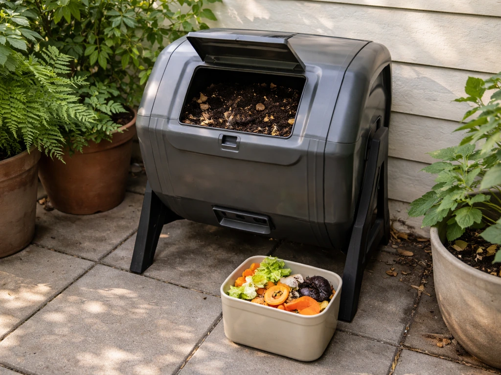 Compact enclosed patio composter with lid open and a small bin of kitchen scraps nearby in a small shaded corner.