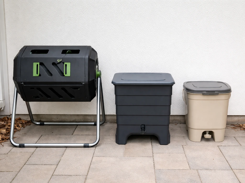 Three compact patio composters—tumbler, worm bin, and bokashi—staged on a small outdoor patio.