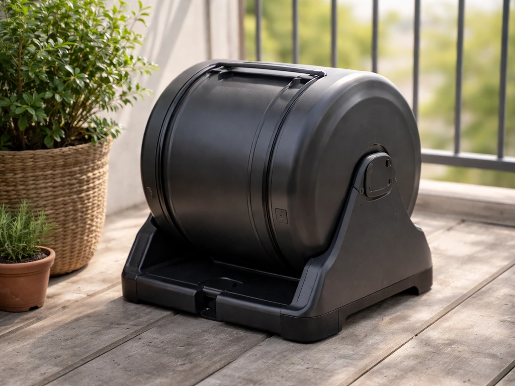 Compact 17-gallon worm composter on a small balcony with a subtly rotating drum base.