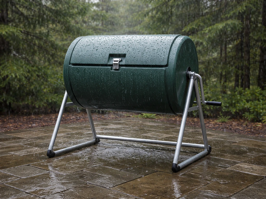 Mantis ComposTumbler 88-gallon composter on a wet patio, rain falling, durable enclosure look
