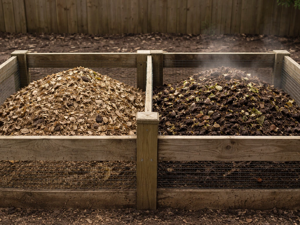 Side-by-side compost bins: one dry pale pile not breaking down and one moist mixed pile breaking down.