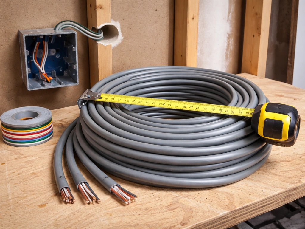 Neatly coiled speaker wire beside a tape measure and open junction box, showing gauge for an in-wall run.