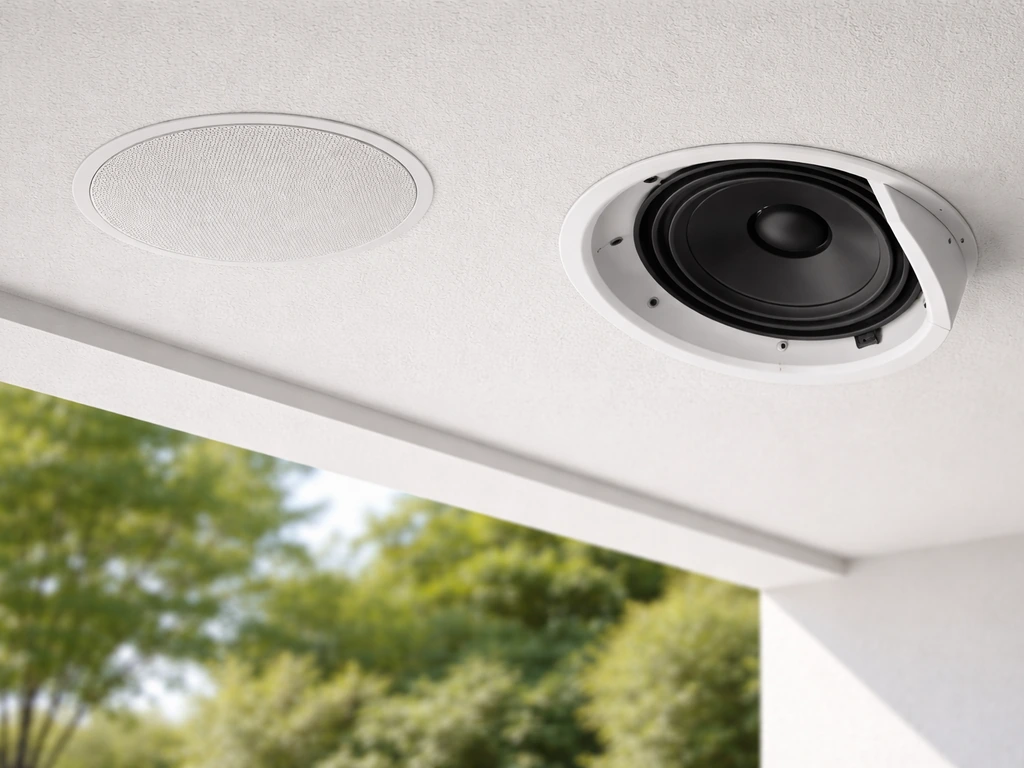 Two flush-mounted outdoor in-ceiling speakers under a patio soffit with greenery softly blurred behind.