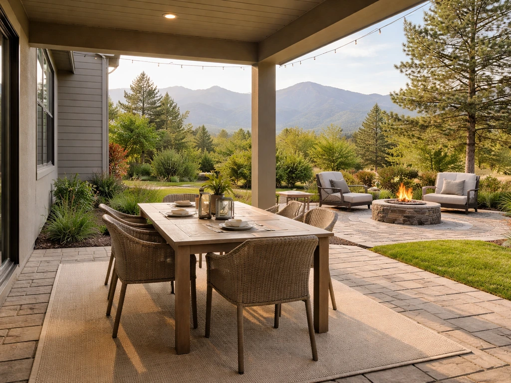 Partially covered patio dining setup with separate open-air fire pit lounge in Colorado Springs style.