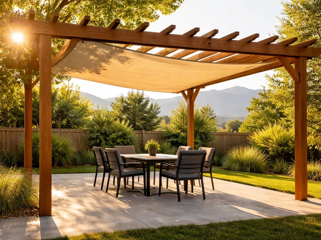 Pergola patio with an attached shade sail blocking harsh summer sun in warm afternoon light.