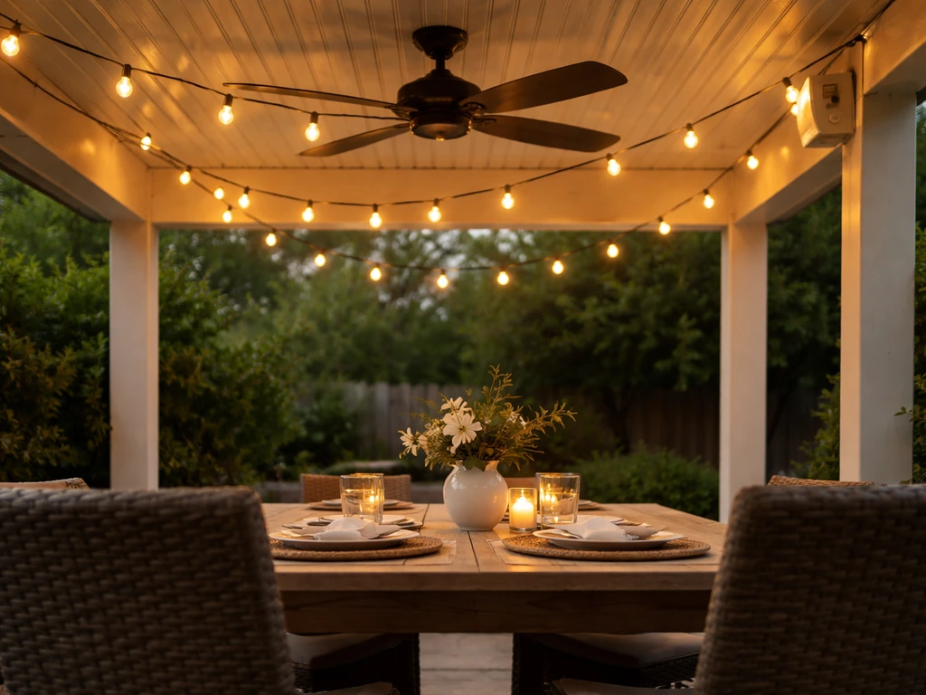 Warm overhead string lights and an outdoor ceiling fan over a quiet patio dining table at dusk.