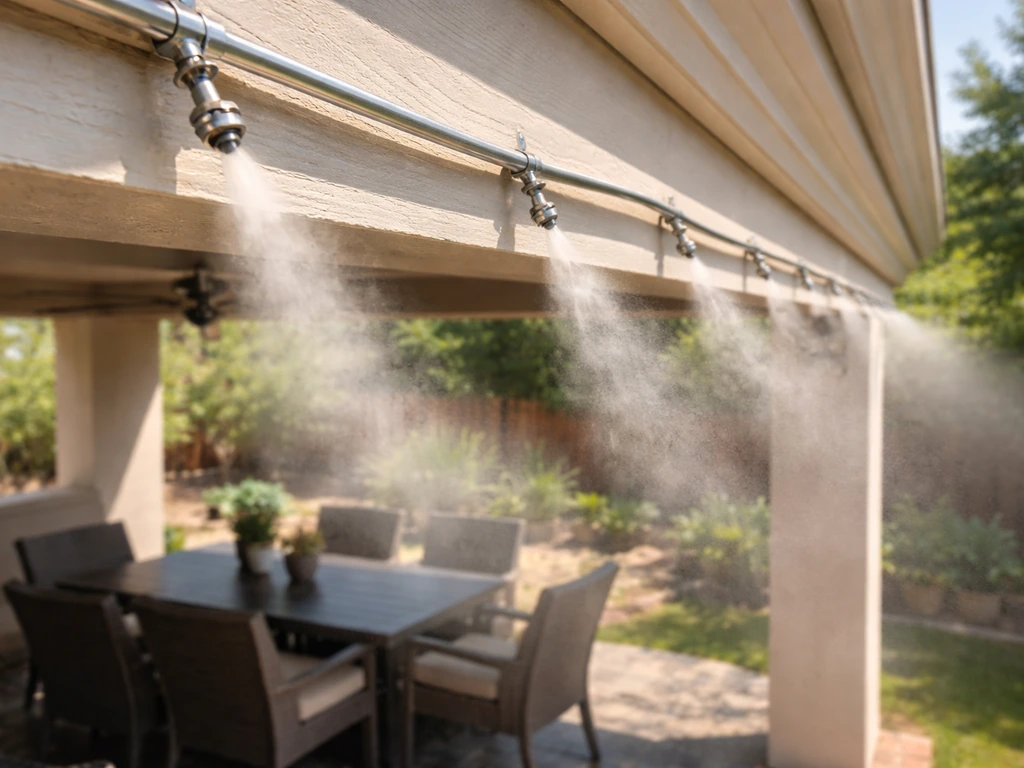 Outdoor patio shows active misting nozzles along beams with a ceiling fan overhead nearby