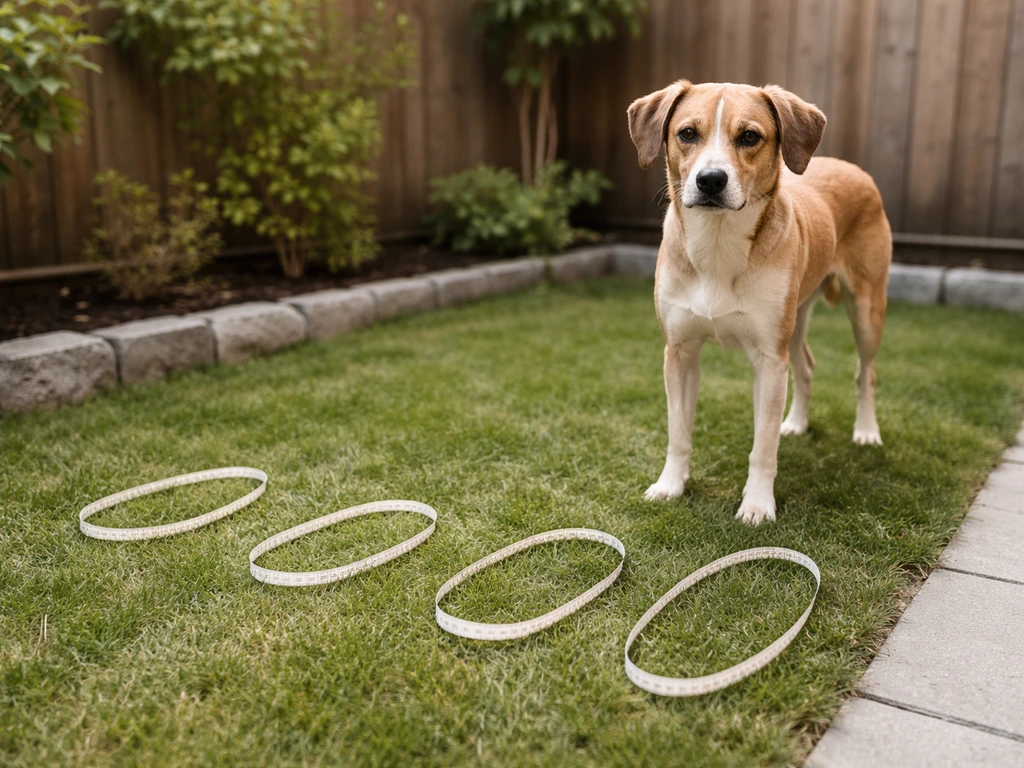 Medium dog on patio with a measuring tape laid out to estimate size for choosing the right potty system.