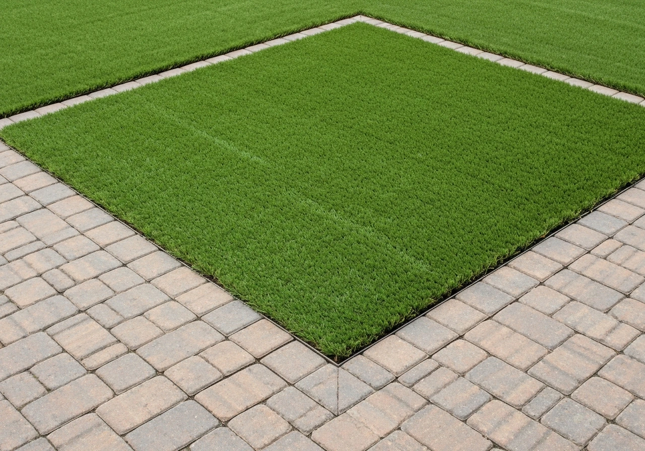Ground-level patio corner with a neatly installed artificial turf section and visible drainage edge.