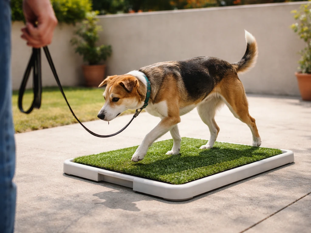 Dog confidently using a patio potty tray on a clean backyard walkway while its handler gently encourages nearby.