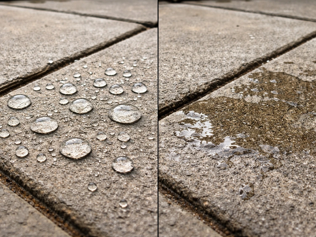 Close-up of patio concrete showing one spot beading water and another absorbing it