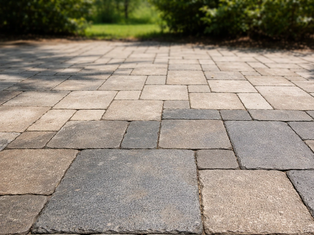 Sunlit patio pavers with visible UV-fading contrast suggesting the need for UV-resistant sealing.