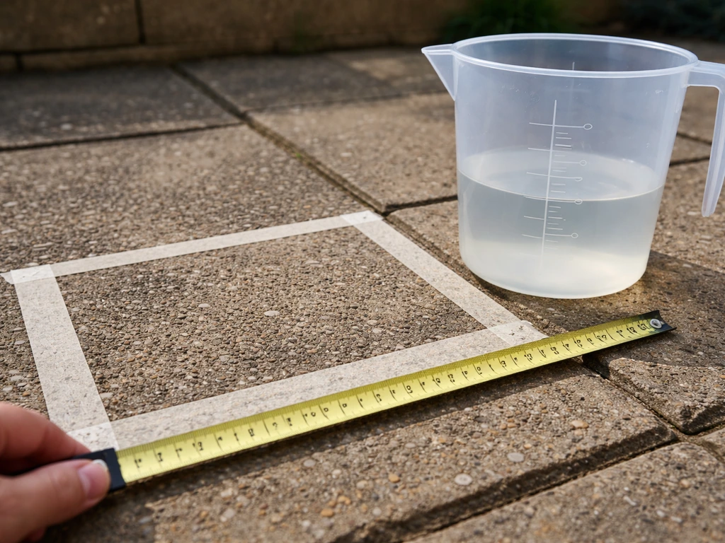 Close-up of measuring tape over a small outdoor tile area with a clear “1 litre” reference bucket nearby.