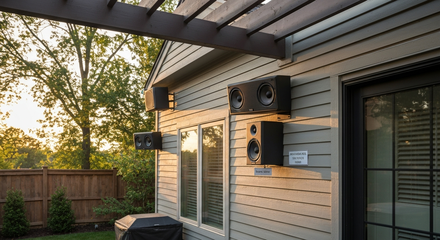 Atrium series outdoor speakers (Atrium 4, 5, 6) installed on a backyard patio at golden hour; one marked as Patio 200 (retailer edition).