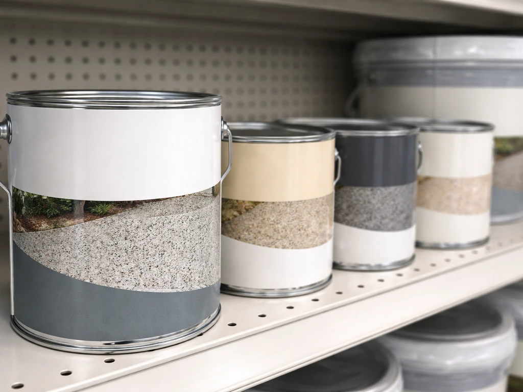 Close-up of a Smart Seal Patio Perfect coating can in retail packaging with other color options nearby.