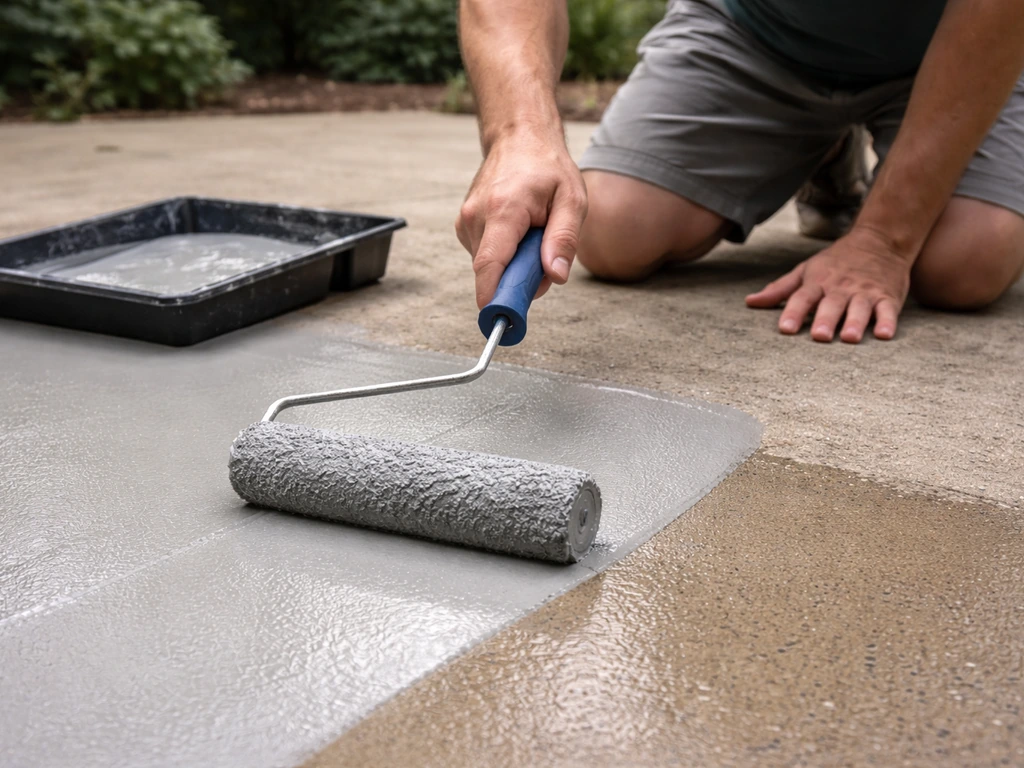 Person rolling acrylic deck coating onto a patio using a roller frame and paint tray