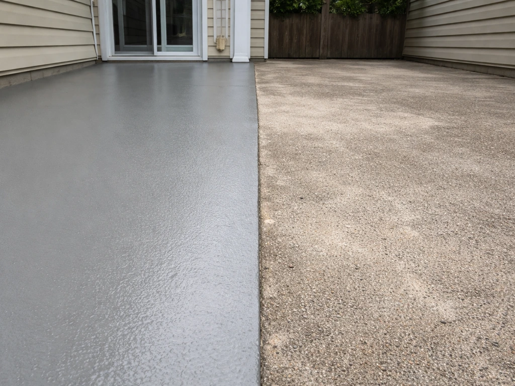 Split wide view of a concrete porch and patio with one newly painted section and one bare textured section