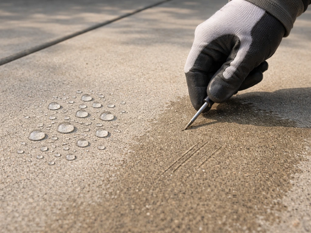 Close-up of a gloved hand water-bead testing concrete with visible scratch/tap marks outdoors.