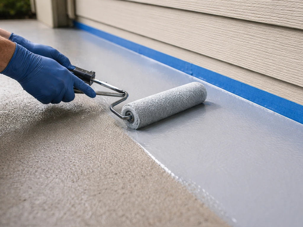 Gloved hands rolling a uniform epoxy coating on a porch concrete corner with painter’s tape masking the edge.