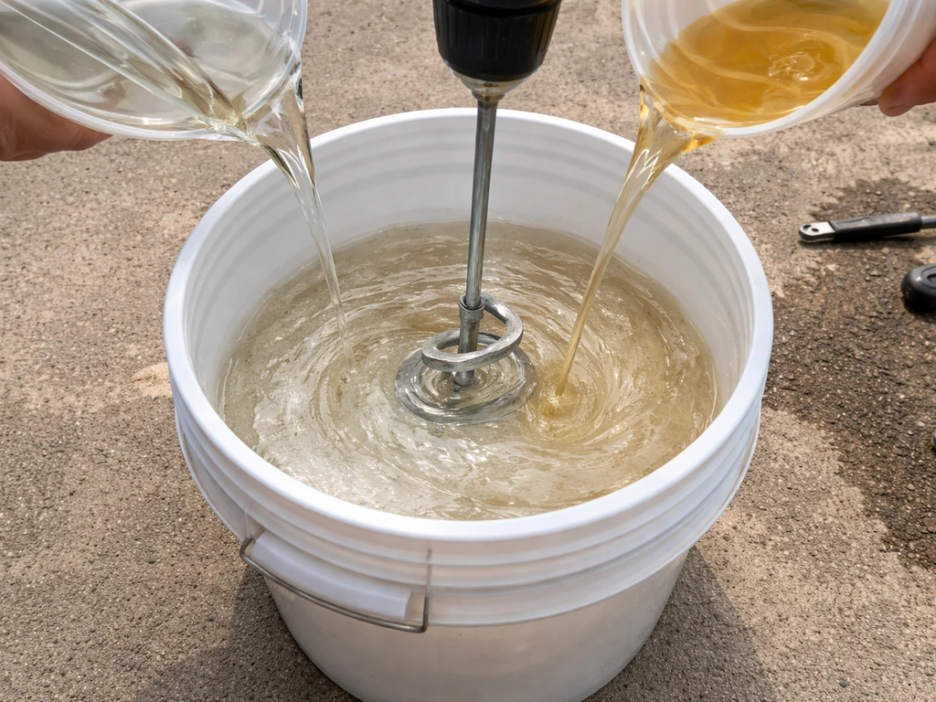 Two-part epoxy resin and hardener being mixed in a bucket with a drill mixer on concrete.