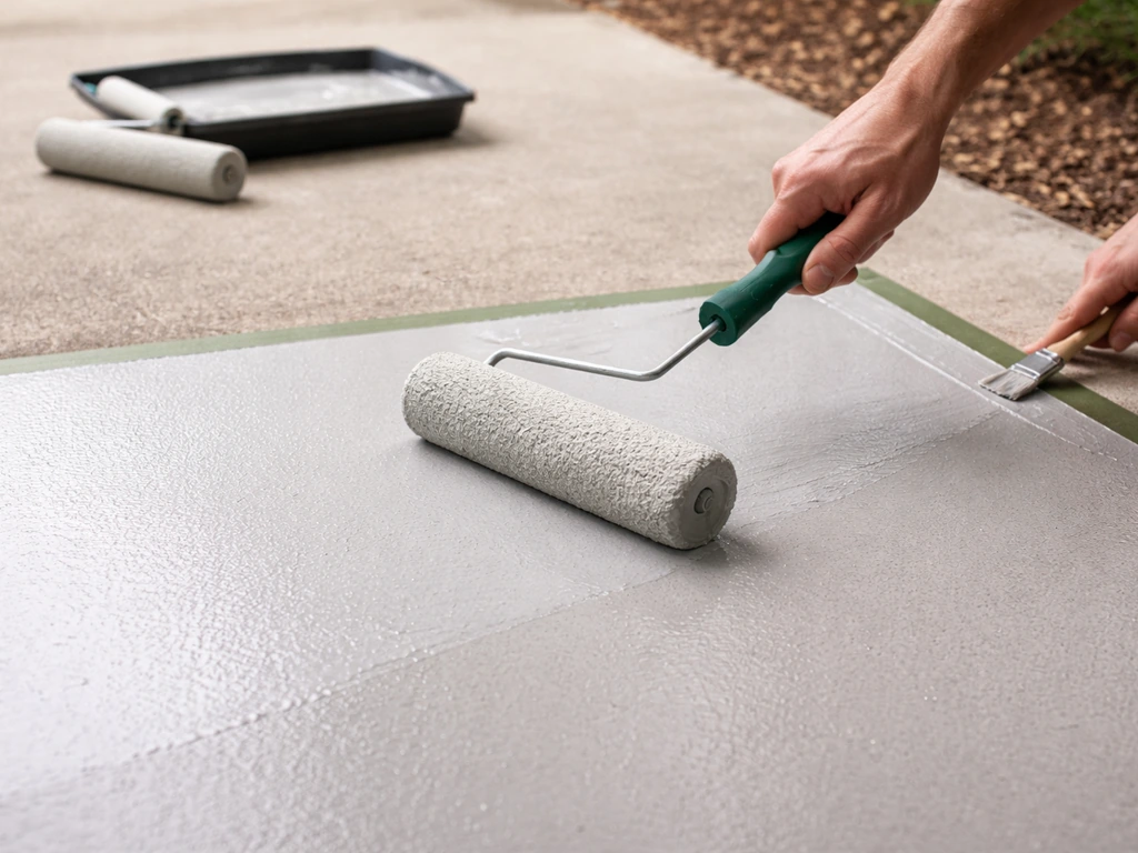 3/8-inch nap roller evenly coating a concrete patio floor beside an edge brush and taped line.