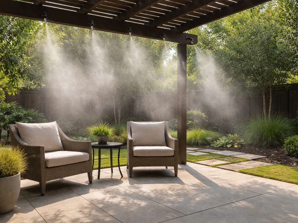 Wide patio with a fine high-pressure mist curtain cooling the outdoor seating area under shade.