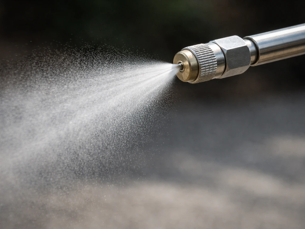 Close-up of a patio misting nozzle spraying fine droplets as pressure atomizes water into a haze