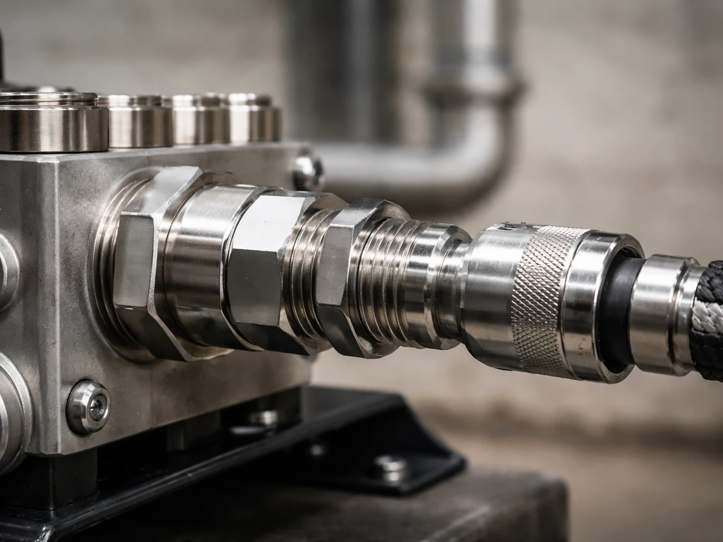 Closeup of stainless high-pressure pump nozzle and fittings in a minimal workshop setting.