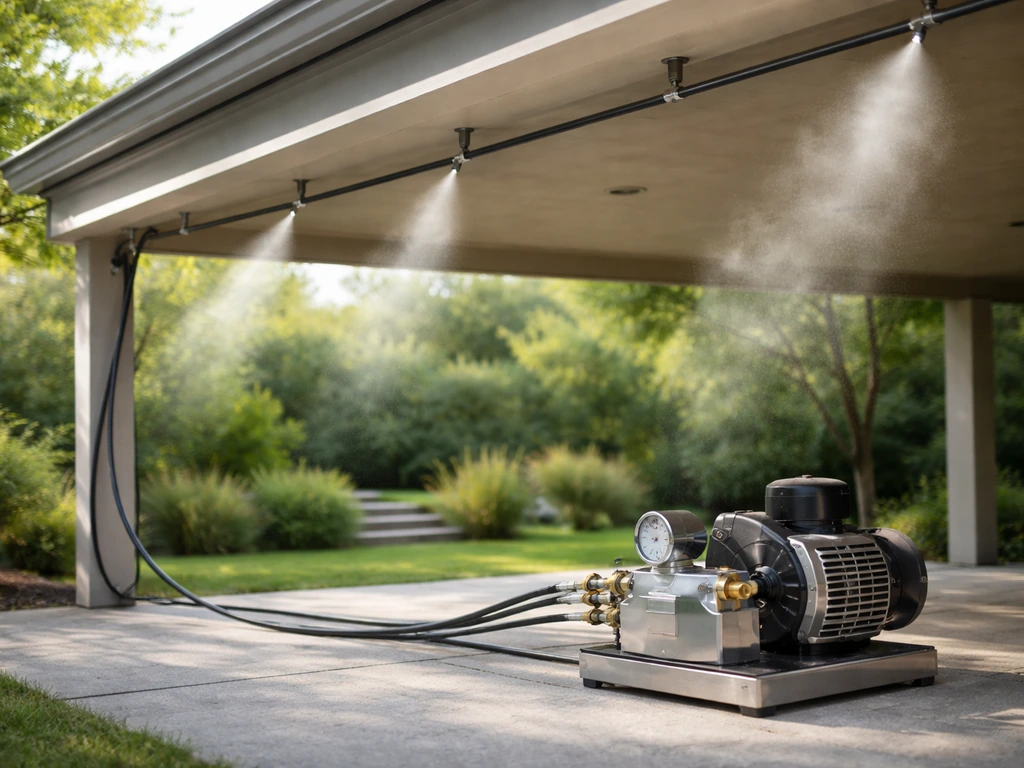 Stainless nozzles and tubing connected to a compact high-pressure pump mounted under a covered patio.