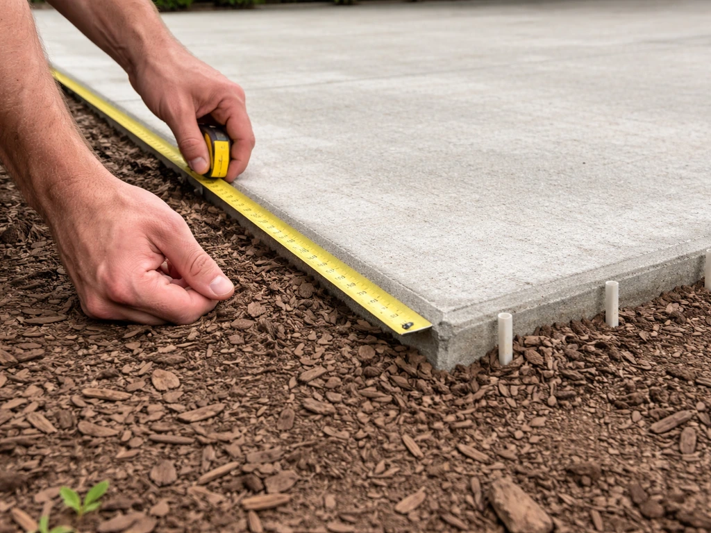 Person measuring a patio perimeter with a tape measure on a simple outdoor patio surface