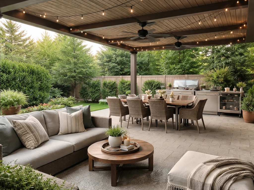 Covered backyard patio with seating, pergola shade, and outdoor dining set for relaxed hosting inspiration.
