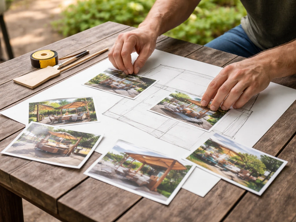 Person planning a patio on a table with magazine cutouts and a simple layout sketch.
