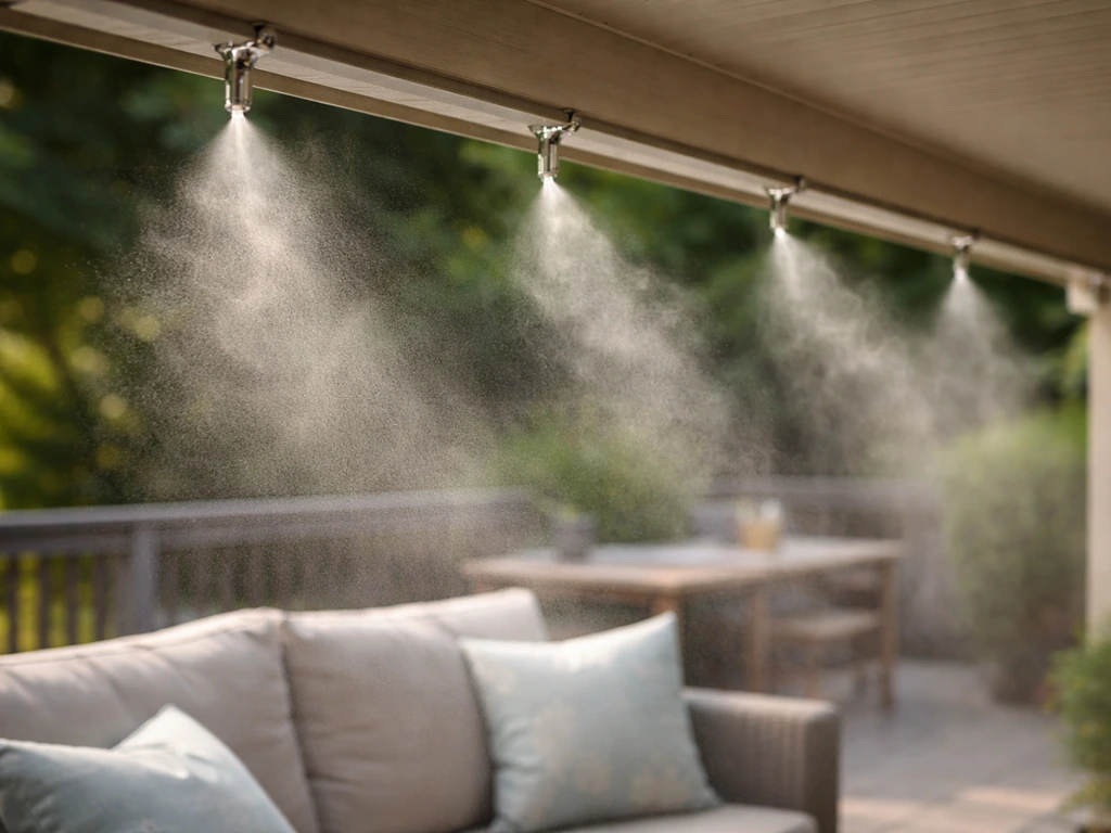 Fine water mist sprays from patio nozzles toward outdoor seating under a covered patio.